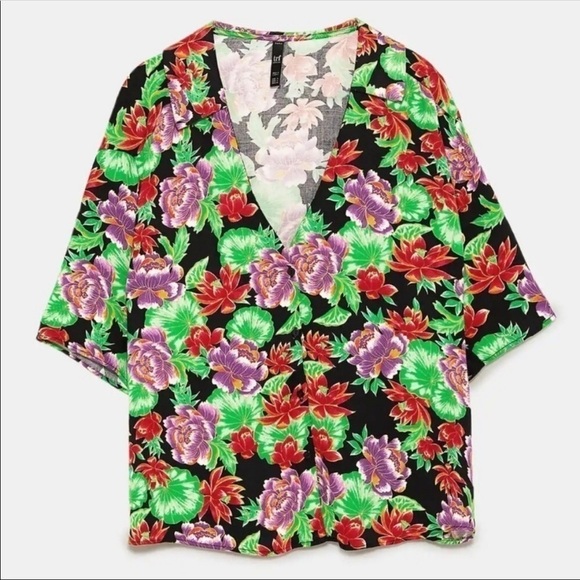 Zara Floral V Neck Shirt xs - Picture 2 of 5